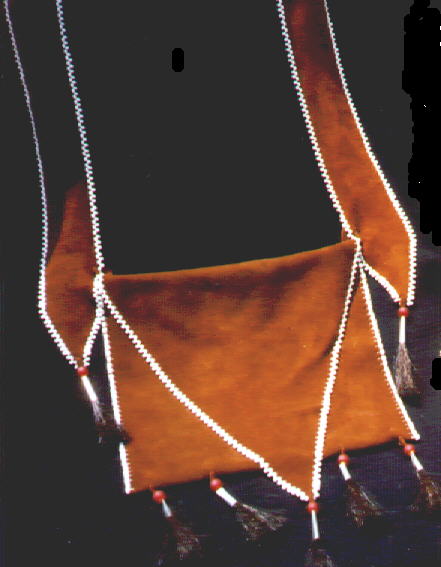 southeastern style bandolier bag - buckskin, edged with white pony beads